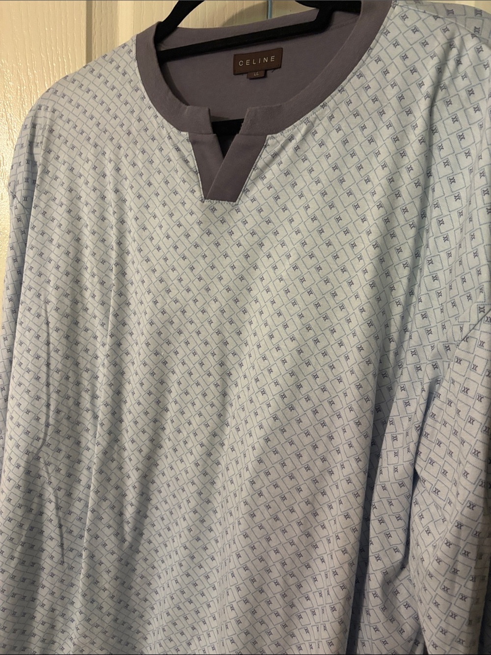 Celine Pale Blue Micro-Logo Long Sleeve Top with Gray Trim